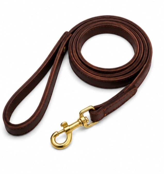 D.I.L Genuine Leather Dog Lead, Brown, 5FT x 2CM, Heavy Duty Brass Swivel Clip, Comfortable Handle, for Small, Medium & Large Dogs