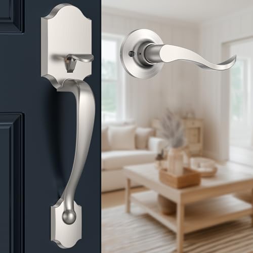 Image of Brightify Brushed Nickel Front Door Handle No Lock, Classic Exterior Door Handle, Entry Door Handle Reversible for Left & Right Hand Doors