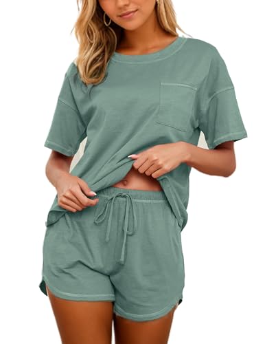 KCW Pajamas for Women Set 2 Piece 100% Cotton Lounge Sets Short Sleeve Top and Shorts Pj Set Sleepwear Outfits