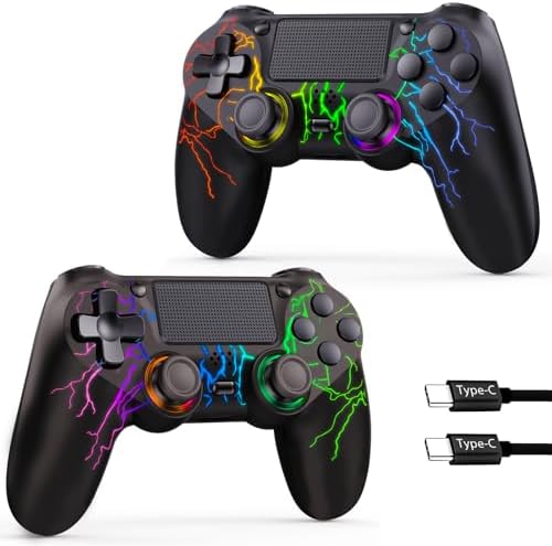GamingBoy 2 Pack Wireless Controller for PS4, LED Controller for Ps4/Slim/Pro/PC with Adjustable RGB Light-up,Hall Effect Joystick,Dual Vibration,6-Axis Gyro,1000mAh Battery,USB C Port- Black : Video Games