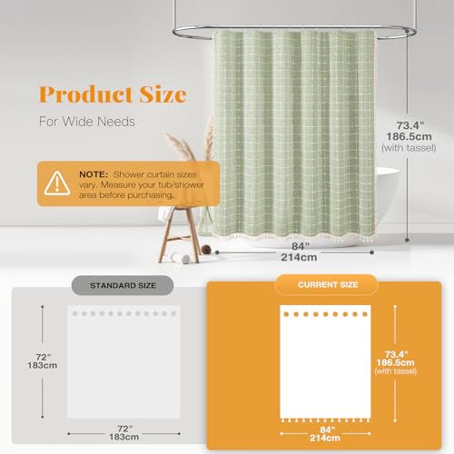 Image of BTTN 84 Inch Wide Shower Curtain - W84xH72 Inch Boho Farmhouse Linen Fabric Thick Shower Curtain Set with 14 Plastic Hooks, Large Country Water-Resistant Cloth Bath Curtains for Bathroom - Sage Green