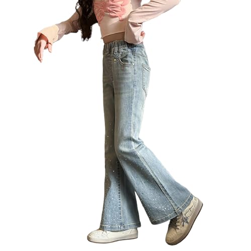 Tween Girls Flare Jeans-Elastic Waistband Bell Bottom Denim Pants with Pockets, Casual Rhinestone Jeans for Girls3