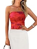 MASCOMODA Womens Fashion 2025 Summer Floral Mesh Tube Top Ruched Going Out Bandeau Sleeveless Strapless Crop Tops Y2k Clothes(Red Floral,Large)
