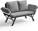 TAVATA Outdoor Patio Sofa, Woven Rattan Patio Loveseat with Adjustable Armrests & Removable Cushions, Convertible Daybed Couch with 2 Pillows for Patio, Porch, Poolside (Grey)