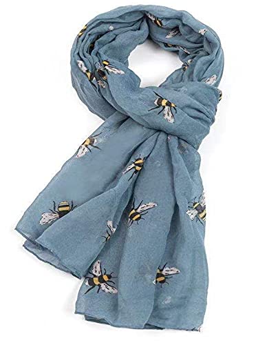 LilyRosa Bee Scarf Bumble Bees Pattern Design Print Grey Navy Turquoise Blue Mint Green Scarves (Denim Blue)