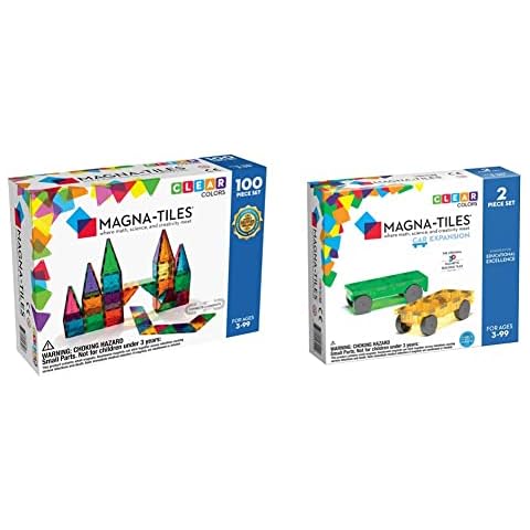 Magna-Tiles Translucent Colors 100 pieces & Cars 2 Piece Expansion Set - 3D magnetic building tiles Cover