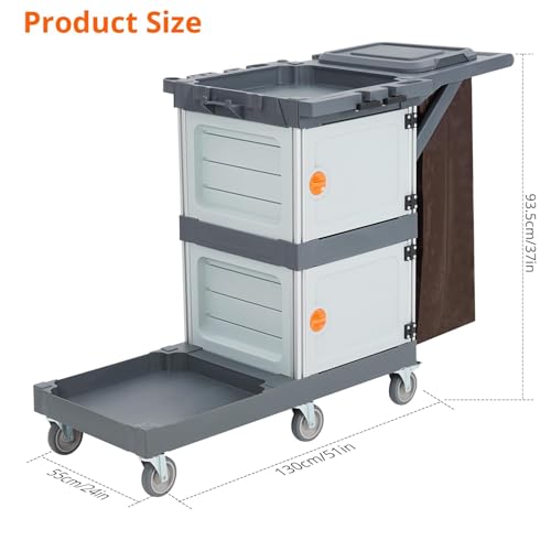 Commercial Janitorial Cleaning Cart: 3 Shelves + 2 Cabinets + Oxford Bag + Cover, Wheel Rolling Housekeeping Cart for School, Hotel, Apartment & More