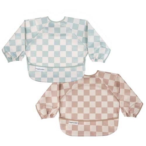 Tiny Twinkle Long Sleeve Bib for Babies&amp;Toddlers|2-Pack Waterproof Smock Bib for Eating|Machine Washable&amp;Mess-Proof Feeding Essentials|Newborn Shower Gift(Sage,Beige Checkers,6-24M)
