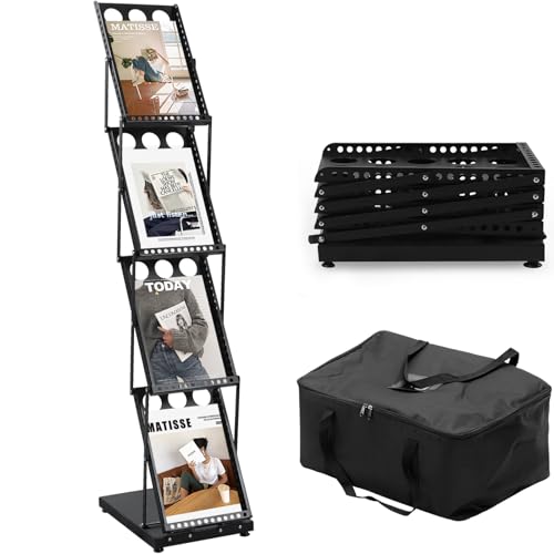 XIDIHF Foldable Magazine Stand with 4 Pockets, Portable Brochure & Literature Display Rack for Office, Trade Shows, and Exhibitions, Includes Carrying Bag, Black