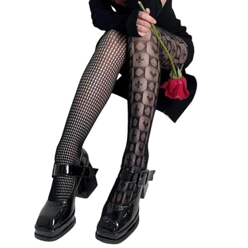 YUEZHAN Strapsstrümpfe Halterlose Strümpfe Frauen Sexy Gothic Netz Strumpfhosen Muster Mesh Strümpfe Unten Strumpfhosen Abspiel Karten
