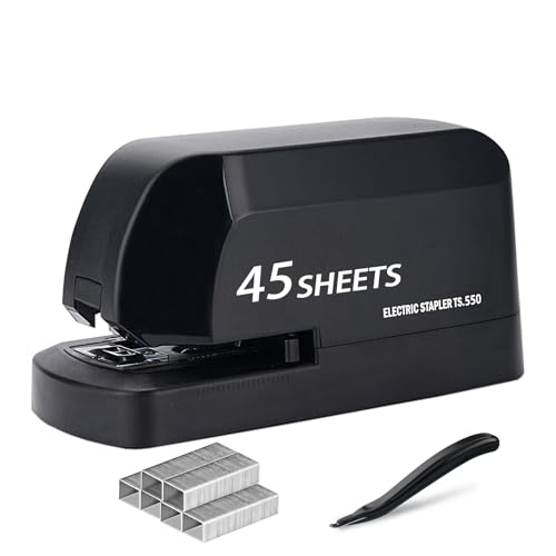 Electric Stapler for Desk, 45 Sheet Capacity Automatic Stapler Desktop, Office Staplers Electric, AC Operated Staplers Heavy Duty Office Use with 1,000 Staples & Staple Remover, Black