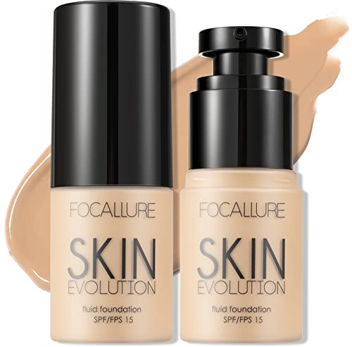 FOCALLURE 2 Pcs Skin Evolution Liquid Foundation, Medium to Full Coverage with Matte Finish, Lightweight Longwear Foundation Makeup for Normal/Oily Skin SPF 15, Cruelty-Free, Warm Ivory