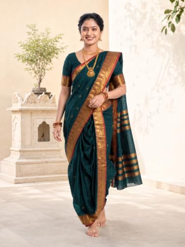 Image of Mom and Me Women Ready to Wear Nauvari Saree, Maharashtrian Peshwai Paithani, 9 Yard Readymade, Acrylic Cotton, Free Size, Traditional Ethnic Saree, with Blouse Piece