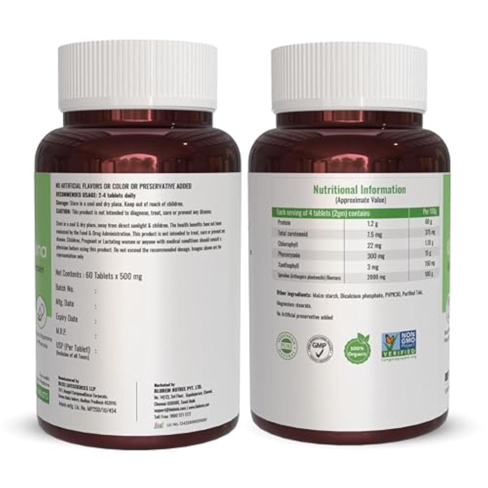 Blubein Organic Spirulina Tablets 2000 mg, 200 Count