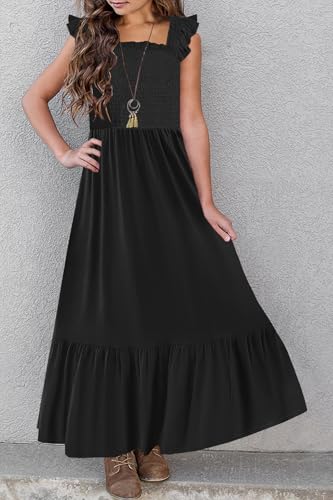 HOSIKA Girls Summer Sundress Casual Sleeveless Smocked Aline Flowy Tiered Maxi Boho Beach Dress with Pockets 6-12Y3