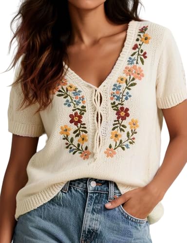 Mywinway Embroidered Knit Sweaters for Women Spring Summer V Neck Short Sleeve Crochet Pullover Knitted Blouses Tops