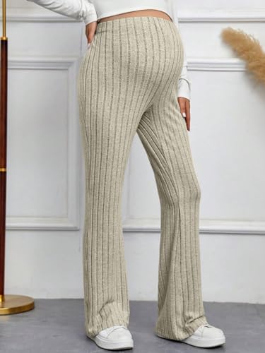 Beaudrm Women'S Maternity Flare Leggings Over The Belly Ribbed Knit High Stretchy Skinny Leg Pants Apricot Medium thumb #4