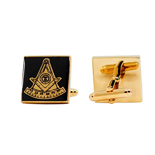Past Master Square Masonic Cuff Link Pair - [Black & Gold][3/4'' Tall]