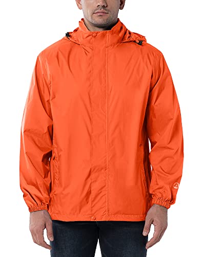 Outdoor Ventures Men's Lightweight Raincoat Packable Rain Jacket Waterproof Raincoat with Hood Active Outdoor Windbreaker (Orange Red-Stowaway Hood, L (Chest: 42-44))