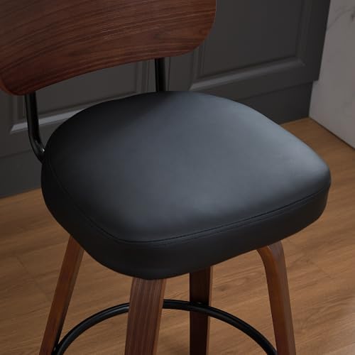 Image of YaFiti Swivel Bar Stools Set of 4, 26 inch Upholstered Faux Leather Counter Height Barstools with Walnut Back & Bentwood Legs, Mid Century Modern Bar Chairs Island Stools for Kitchen Counter, Black PU