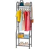 GloTika Narrow Clothes Rack - Clothing Rack with 3 Tier Metal Shelves, 71.9 Inch Tall Garment Rack with 8 Hooks, Freestanding Closet Organizer with Adjustable Leveling Feet for Small Space(Black)