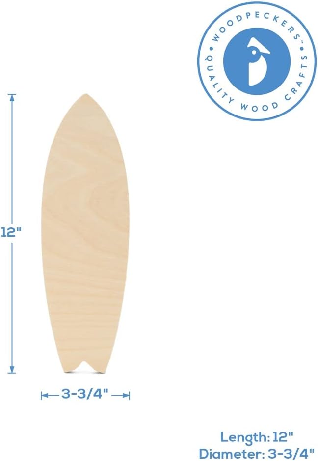 Surfboard Cutout 3-3/4 x 12 inches, Pack of 5 Wooden Crafts to Paint, Wood Nautical Cutout, Wood Cutout for Crafts, by Woodpeckers