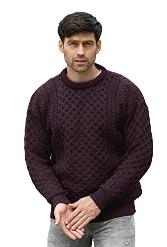 Aran Crafts Suéter Unisex de Punto Trenzado irlandés con Cuello Redondo (100% Lana Merina), Damson, XX-Large