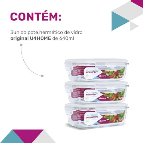 KIT 3 Potes de Vidro Retangular com Tampa Hermética 640ml Cor:Branco (QH)
