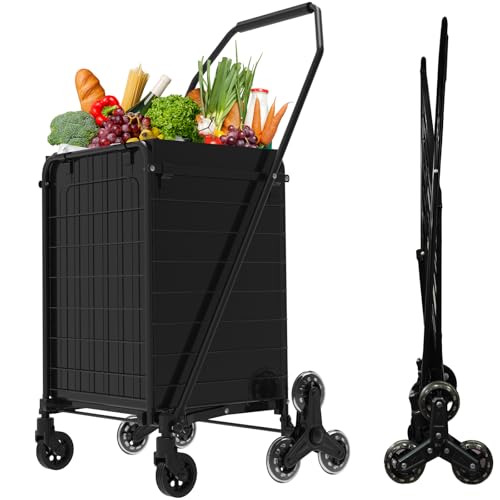 JIALIJIU Folding Stair Climber Cart - Waterproof Bag Included, Lightweight Utility Wagon with 360° Swivel Wheels for Grocery, Camping, Apartments, Laundry, Max Load 140 lbs, 10-min Assembly