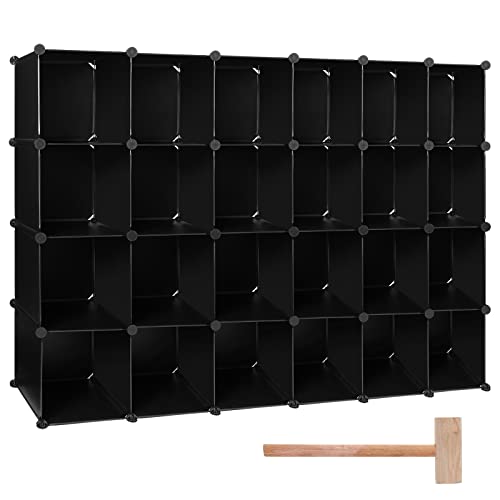24 Cube Storage Organizer Diy Closet Cabinet Plastic Clothes Shelves Modular Bookshelf Bookcase Square Cabinet Shelving Toy Organizer With Wooden Mallet For Bedroom Office Living Room (Black) #TOP28