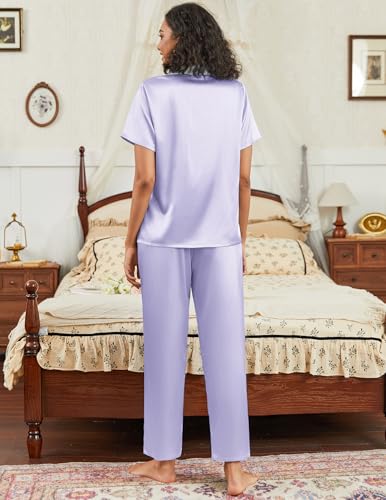 Image of Ekouaer Satin Pajamas Set for Women Silk Button Down Sleepwear Short Sleeve Loungewear 2 Pieces Nightwear