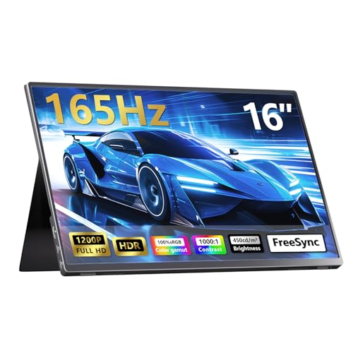 Image of 16 Inch Portable Monitor for Laptop and Gaming, 165Hz 450 Nit 100% sRGB | External Second Screen with Stand, HDMI Type-C, Compatiable Mac Xbox PS5, Eye Care, Ultra-Slim Aluminum Alloy Body