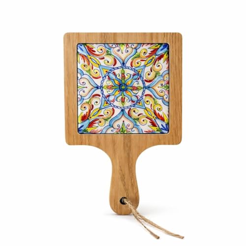 PinoLab Sottopentola in Legno e Ceramica 14x20 cm Resistente al Calore – Disegni Assortiti, Protezione Tavolo e Superfici, Design Decorativo Stile Mediterraneo, Accessorio Cucina Elegante (Quadrato)