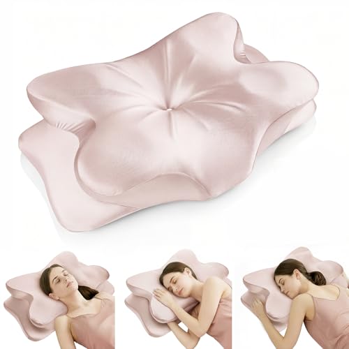 Cervical Neck Pillow for Neck Pain Relief,Ergonomic Memory Foam Contour Pillow with Wrinkle-Resistant Silky Satin Fabric Cover,Orthopedic Bed Pillow for Side,Back,Stomach Sleepers,Pink by TIMBERHIDE - Used condition - CA$48.83