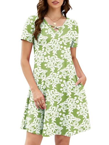Image of KORSIS Women's Dresses Summer Casual T-Shirt Short Sleeve Criss Cross V Neck Swing Beach Vacation Sundress Dress with Pockets