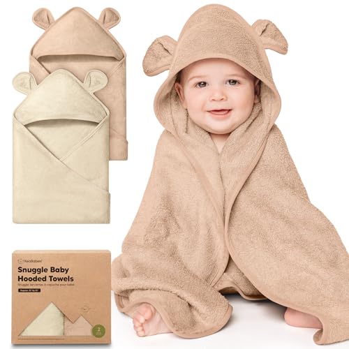 Image of KeaBabies 2-Pack Hooded Baby Towels for Newborn - 35x35 Soft & Absorbent Viscose From Bamboo Baby Bath Towels with Hood for Infant, Toddler, Kids, Boys Girls, Newborn Bath Essentials (Almond, Regular)