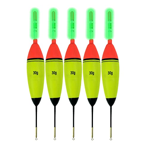 QualyQualy Lighted Fishing Slip Bobber 5Pcs Wood/EVA Slip Bobbers + 10Pcs Fishing Glow Sticks, Night Fishing Light Up Slip Bobber for Fishing Crappie Bluegill Trout Bass Panfish Catfish Walleye