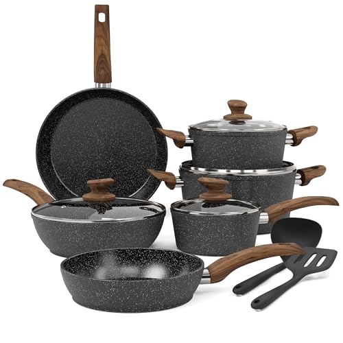 Kitchen Academy Induction Hob Pots and Pans Set – 12 Piece Cooking Pans Set, Black Granite Kitchen Cookware Set,Nonstick Saucepan Set PFOS & PFOA Free