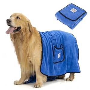 Badehandtuch für Hunde, Handtücher Schnelltrocknend Groß Hund 130X70cm, Hundehandtuch Mikrofaser 400gsm Extra Weich, Handtuch Extra Saugfähig Mit Taschen für Haustier (Blau)