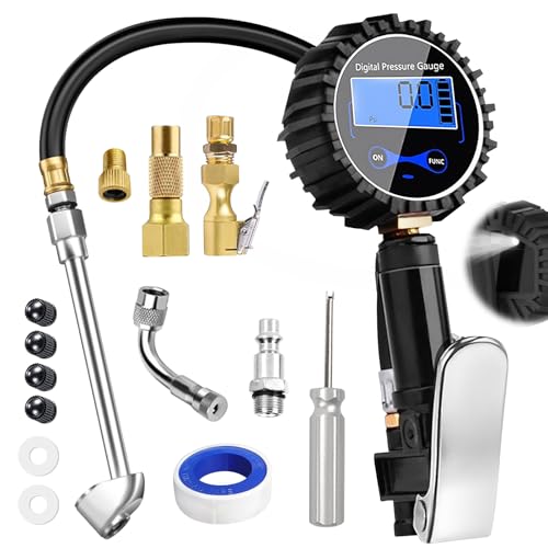 Kit de inflador de neumáticos digital con manómetro, medidor de presión digital con boquilla de aire y accesorios de compresor para coche, moto, bicicleta, camión y taller
