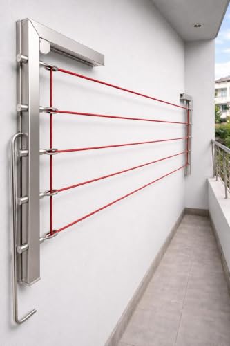 Image of Clothes Drying Stand Wall Mounted /Cloth Dryer Stand /Clothes Hanger for Drying Clothes Foldable for Home Or Balcony with 50 Feet Rope and Fasteners Set (Heavy Duty -Stainless Steel)