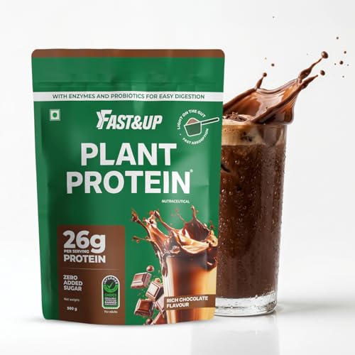 Image of Fast&Up Plant Protein Powder with Rich Chocolate Flavour | Pea Isolate & Rice Protein | 26gm Protein Per Serve | Complete Amino Acids with 4.6g BCAA | Smooth & Tasty with No Added Sugar | Easy to Digest | Tested & Certified, 500 Grams