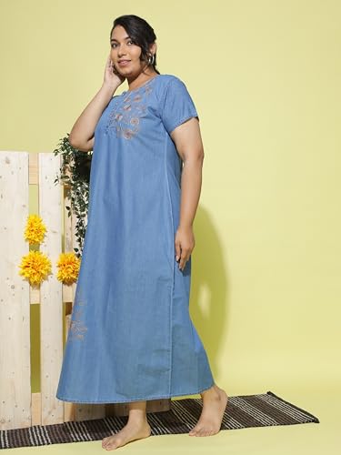 Image of 9shines Label Stylish Denim Cotton Nighty Maxi for Women | Full Length Trendy Nightgown | Premium Nightdress | Nightwear | Embroidery Nighty with Pocket (9SDS)