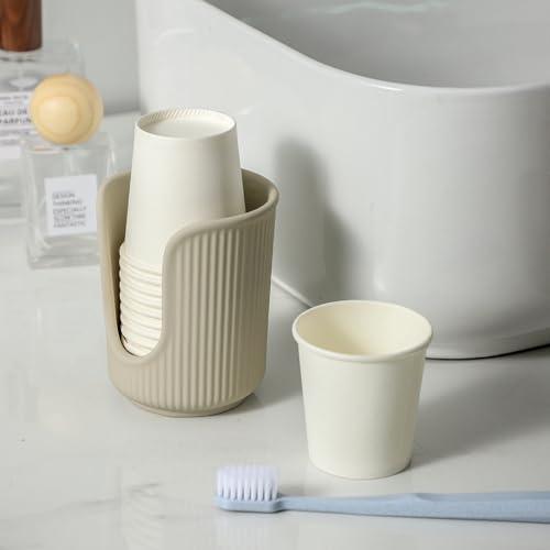 Ceramic Bathroom Cup Dispenser with Stylish Vertical Stripes - Disposable Mouthwash Cup Holder Holds 3-4oz Paper Cups for Rinsing Cups on Bathroom Vanity Countertops (Matte Beige)