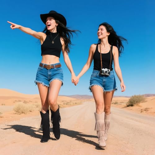 Image of Cowgirl Boots for Women Retro Pointed Toe Pull On Block Chunky Heel Embroide Tassel Country Concert Outfits Mid Calf Western Fringe Cowboy Boots