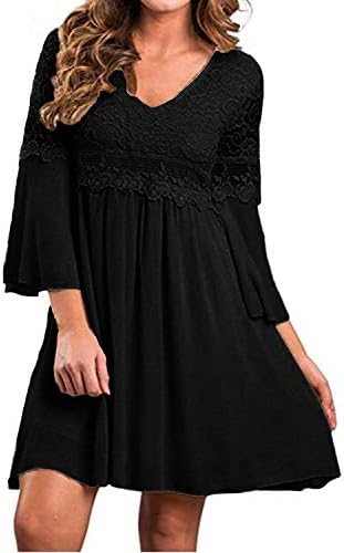 ZANZEA Women's Vintage Floral Lace V Neck 3/4 Bell Sleeve Cocktail Wedding Party A-line Swing Casual Mini Dress Black XL