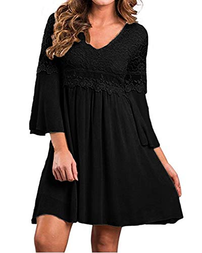 Zanzea Women's Vintage Floral Lace V Neck 3/4 Bell Sleeve Cocktail Wedding Party A-Line Swing Casual Mini Dress Black Xl #TOP18