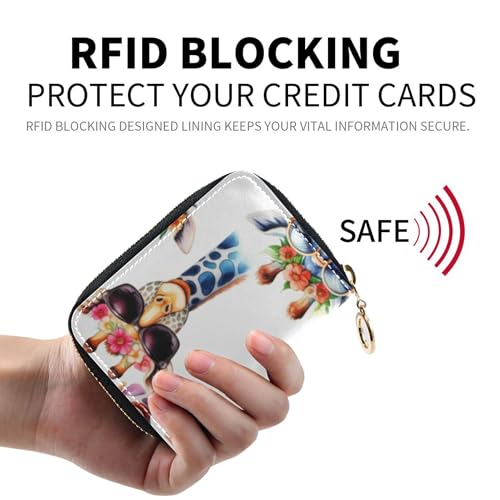 Cute Colorful Giraffes Floral White Women Wallet Leather RFID Blocking Credit Card Holders Compact Zipper Coin Purse with Key Ring2