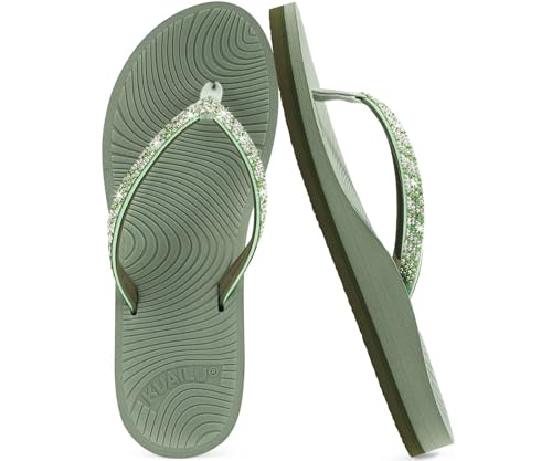KuaiLu Womens Rhinestone Flip Flops with Comfort Arch Support Yoga Mat Cushion Sandals Fashion Summer Beach Pool Travel Orthotic Walking Thong Sandles Slip on Plantar Fasciitis Green 8.5