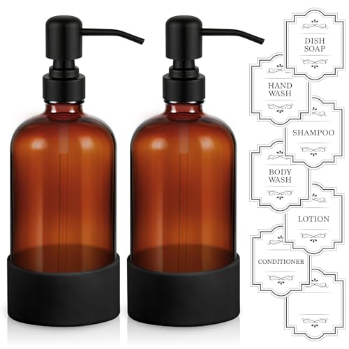 Homepicker 16 oz Hand and Dish Soap Dispenser Set for Kitchen and Bathroom 500ml Amber Glass Soap Dispenser with Stainless Steel Pump Non-Slip Silicone Sleeves Labels - 2 Pack